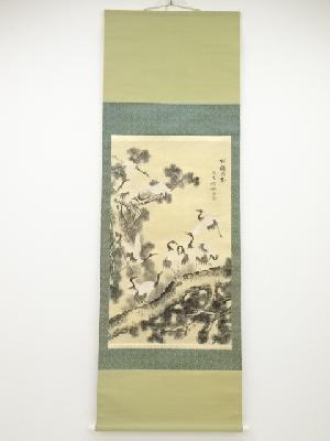 裼秋筆　松上鶴　肉筆絹本掛軸